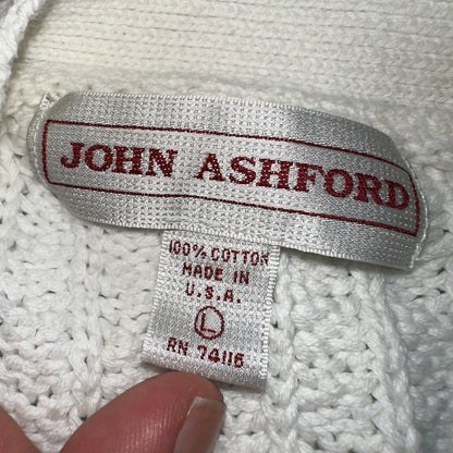 John Ashford USA VTG Sweater Mens Large Cardigan Button Front White Grandpa Core
