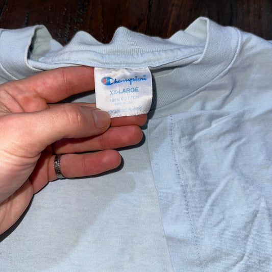 Champion Blue Basic Blank 80s USA Vintage T Shirt Single Stitch Thrashed Cool 2X