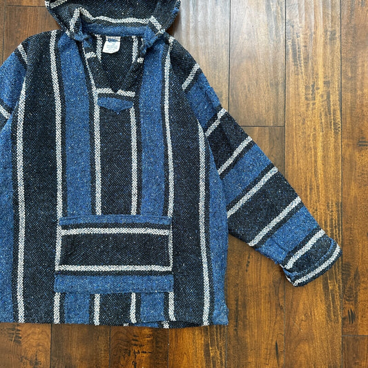 VTG 1980s Baja Hoodie Hippie Size L Surfer Style Blue/Black 90s 80s Mexico