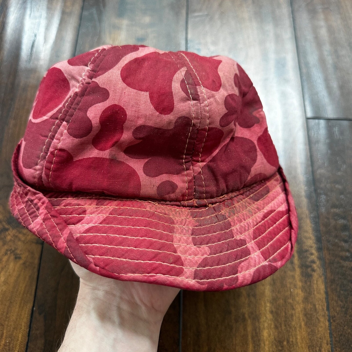 Frogskin 70s Fisherman Vintage Hat Bucket POST WWII Frog Skin Pink Red Camo