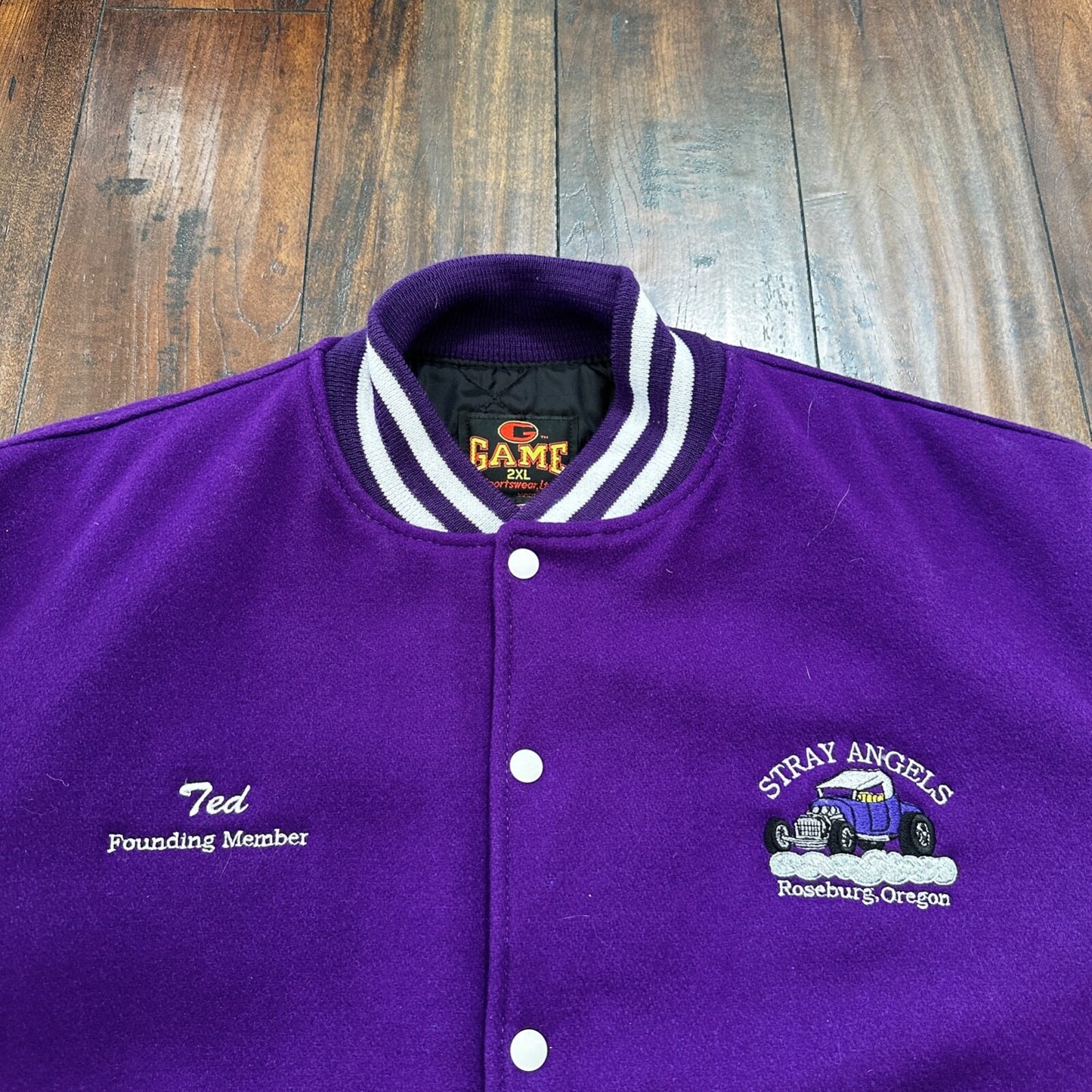 VTG Stray Angels Varsity Leather Letterman 70s Jacket XL Portland Cars Racing