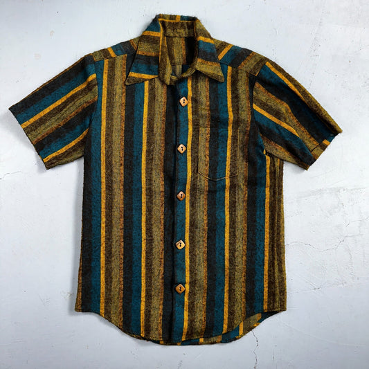 1960s Wool Short Sleeve Striped Wood Button Down Shirt 60s 70s Rockabilly