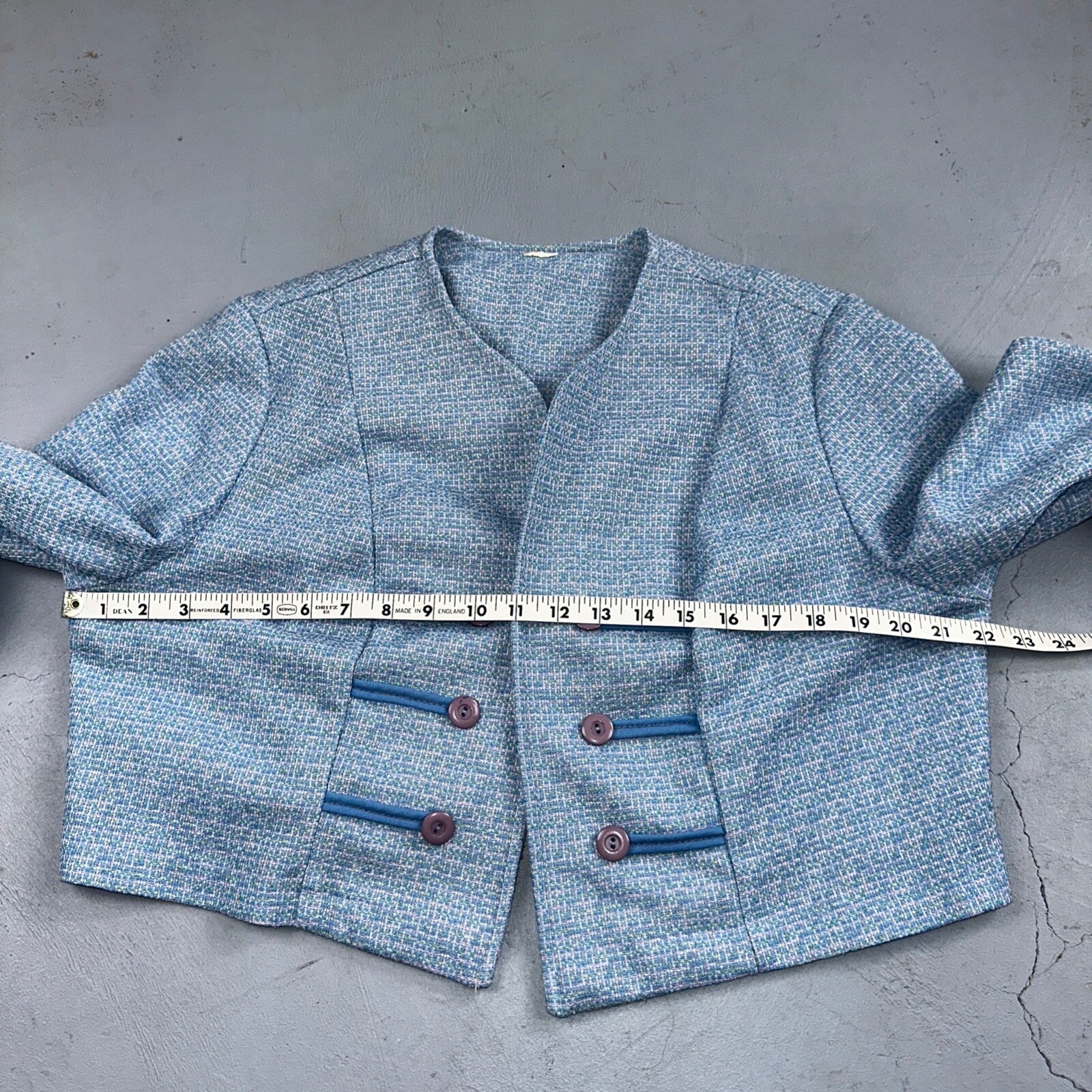 Vtg 70s Blazer Womens Blue Wool Houndstooth Knit Collar Luxury Office USA