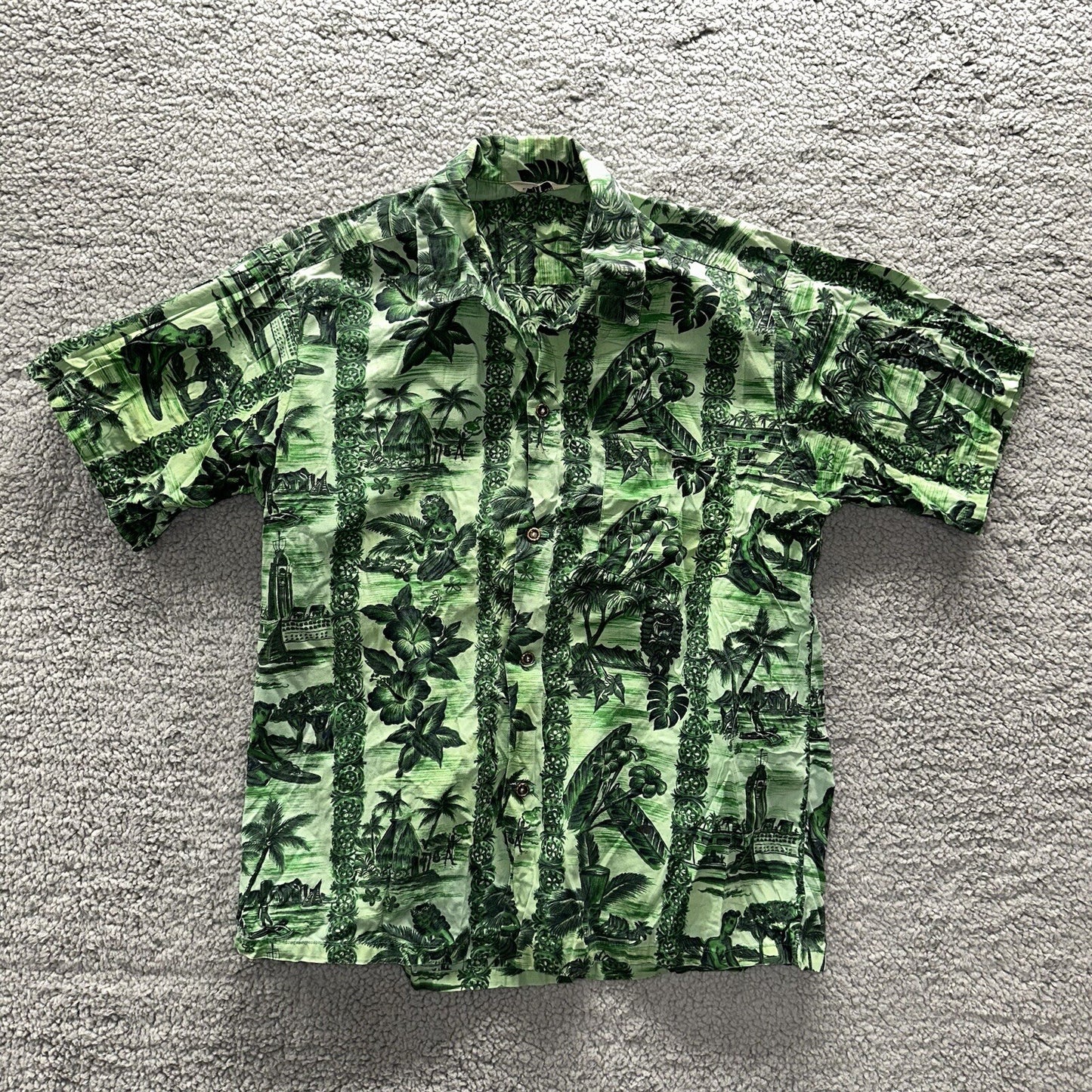 Vintage 50s Hawaiian Aloha Print Shirt Rockabilly Honolulu 60s Button USA Green