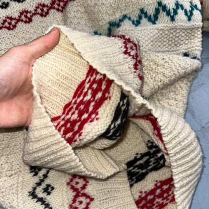 John Ashford VTG 80s Sweater Mens L Cream Multi Wool Fair Isle Hand Knit Crew