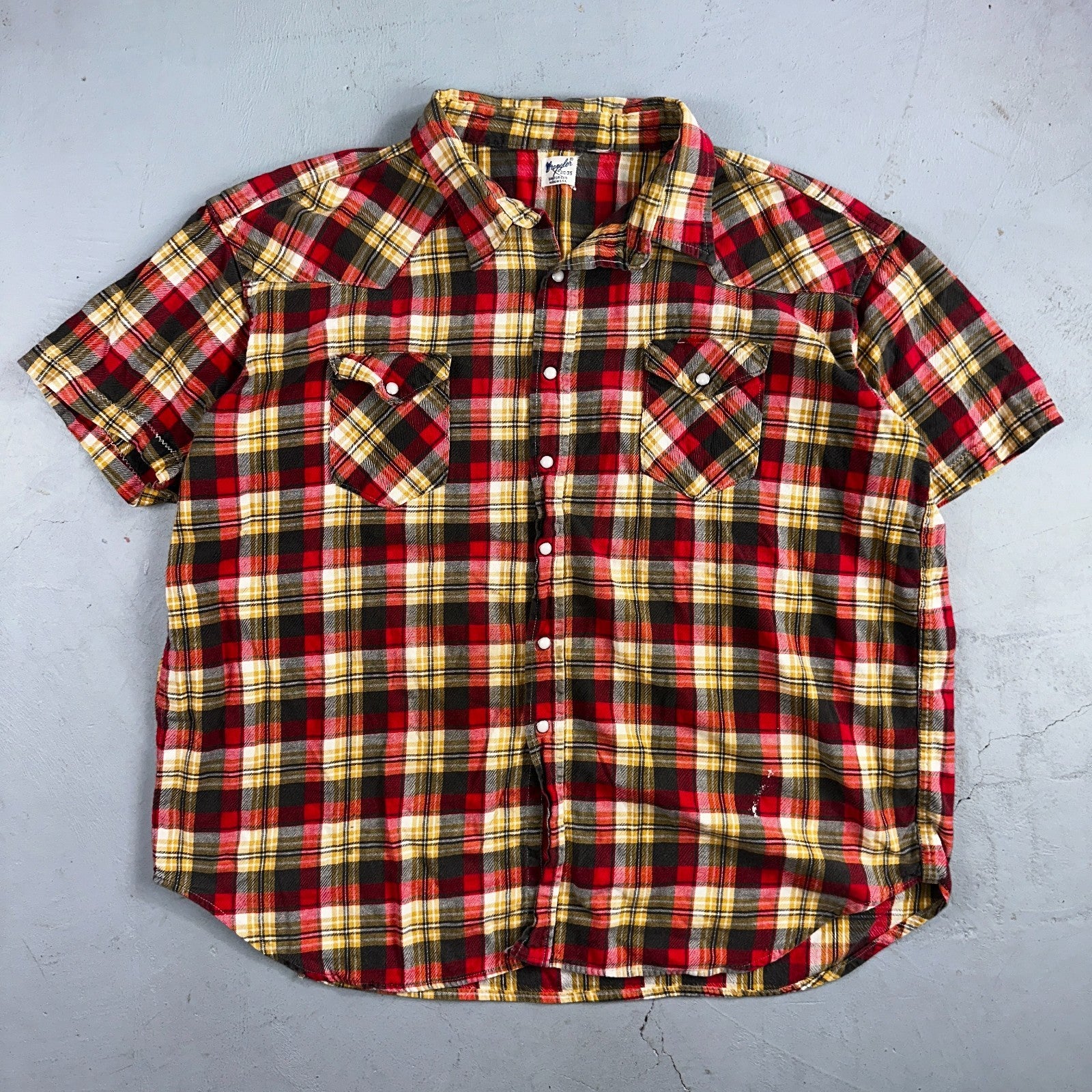 Vintage 60s Wrangler Sanforized Flannel Cotton Button Down Pearl Snap Rockabilly