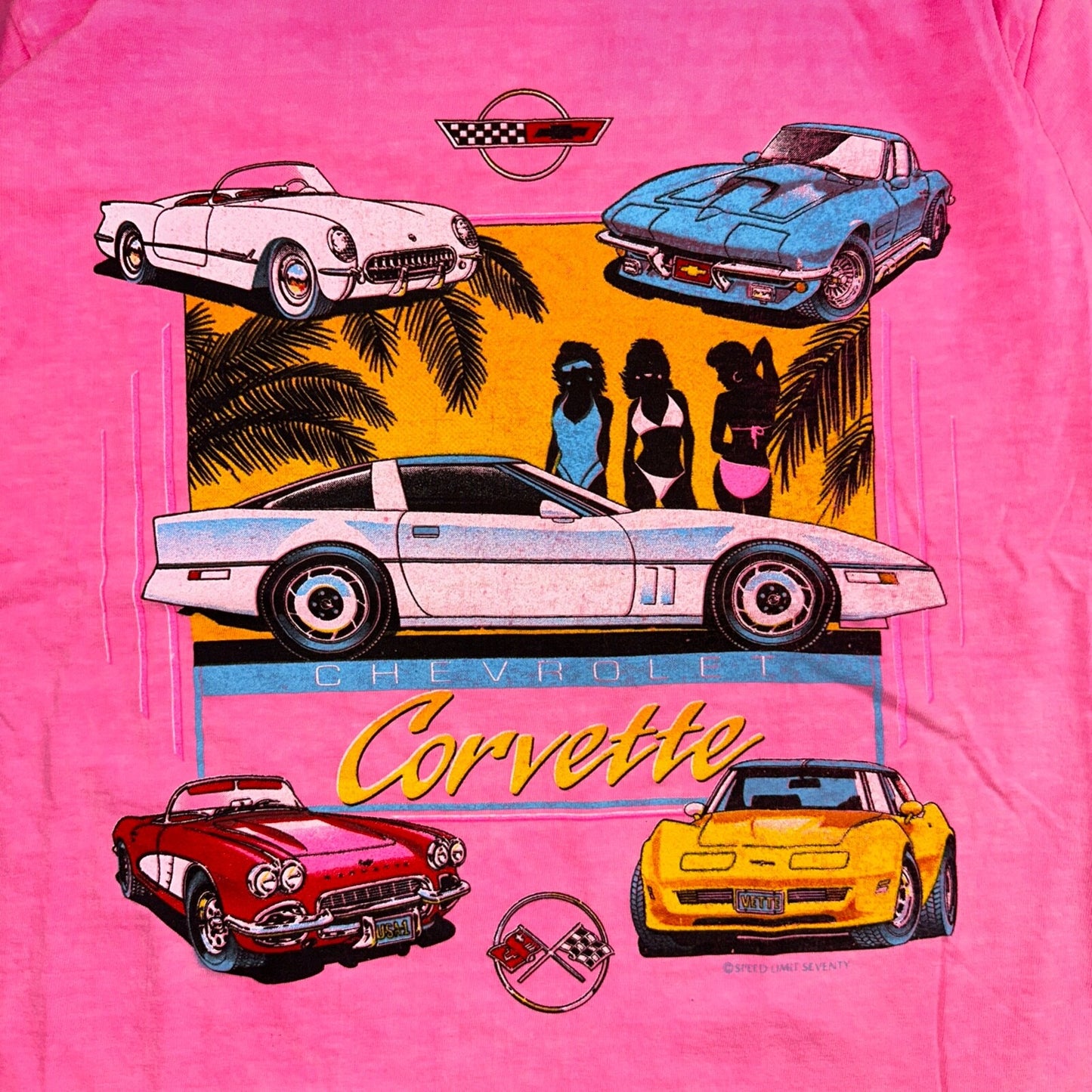 Corvette Hot Pink Oneita VTG T Shirt 80s Chevrolet Hot Girls Bikini Racing Cars
