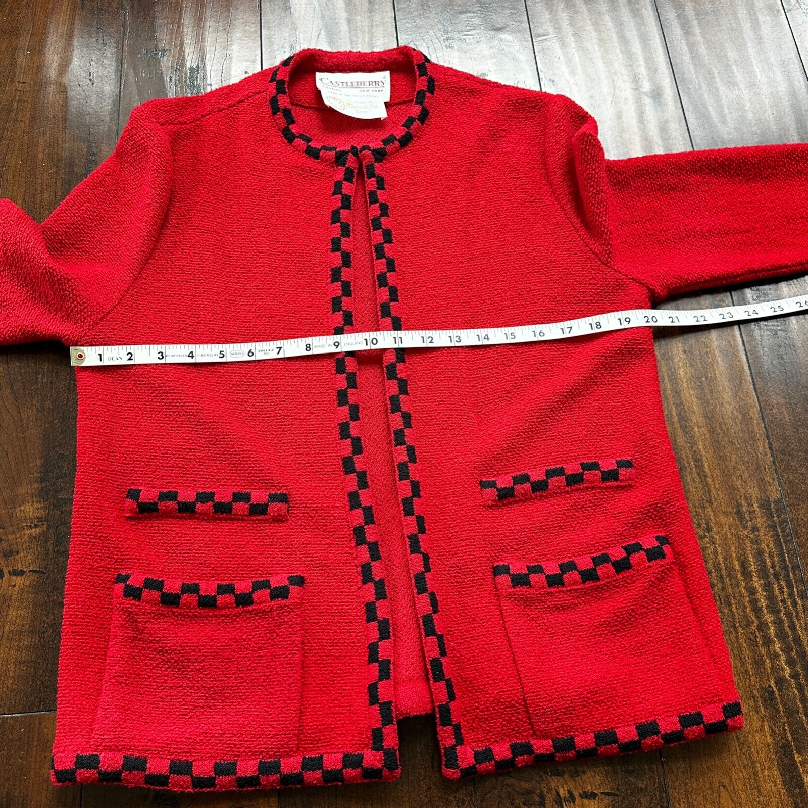 VTG Castleberry Womens Knit Cardigan Blazer Jacket Red Checkerboard Cute Grandma