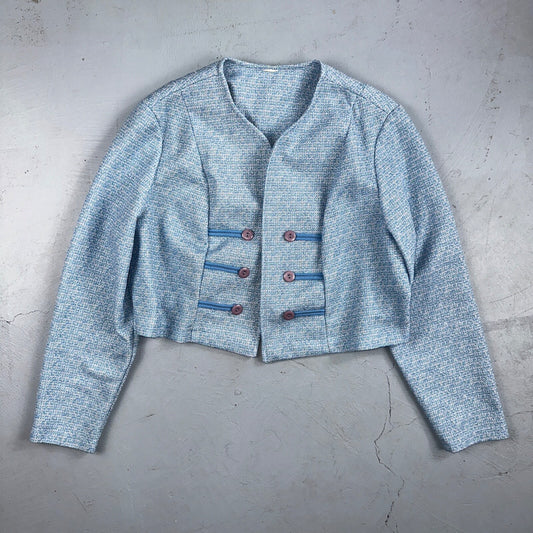 Vtg 70s Blazer Womens Blue Wool Houndstooth Knit Collar Luxury Office USA