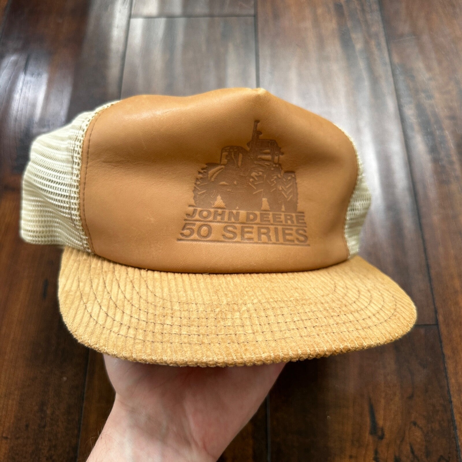 John Deere 50 Series VTG Hat Cap Snapback 90s Leather Corduroy Brown