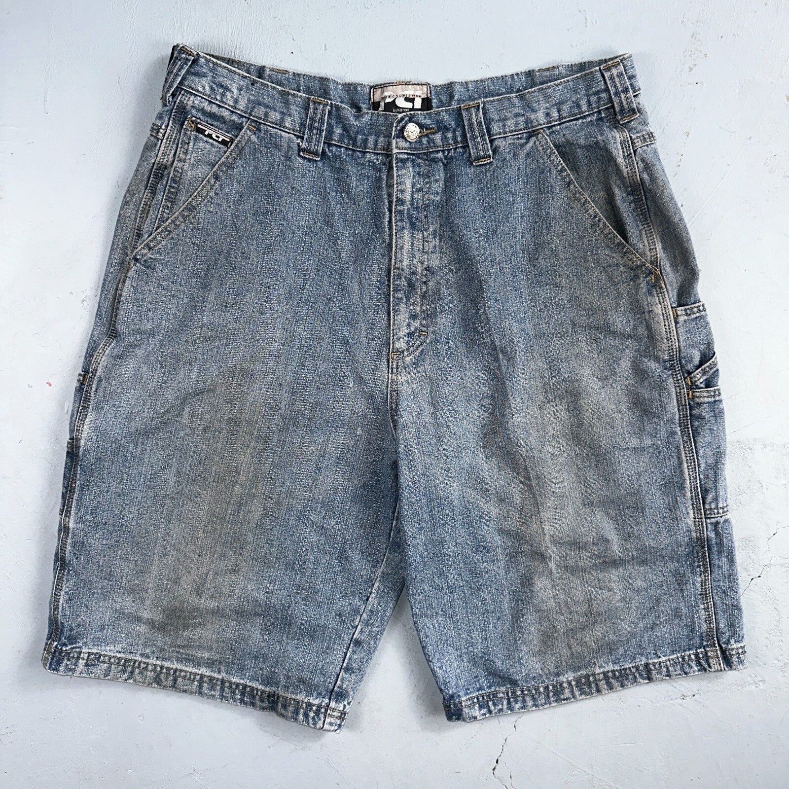 PCI PEAR CONNECTION Kenpa Blue Denim Baggy Skate Cargo Shorts Men Size 38 Y2K