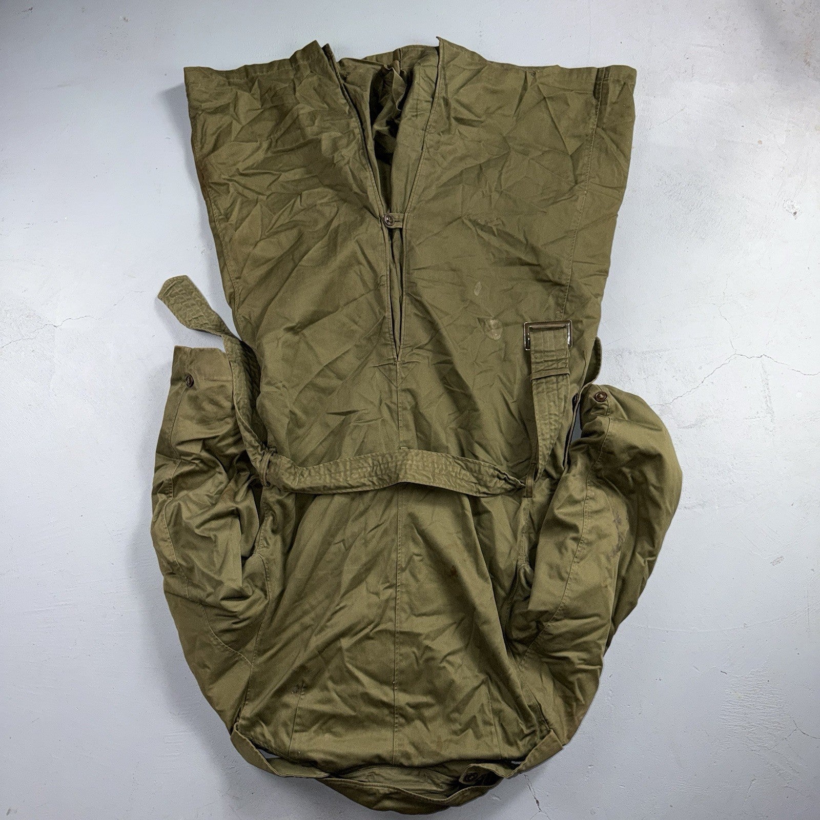 1950 US Army OD-7 Overcoat Cotton No Liner Korean War Trench Coat Belted OG 107