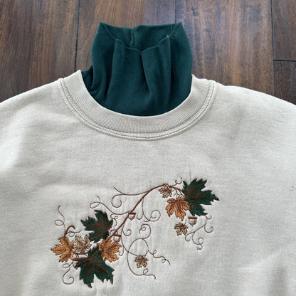 PFI Womens Size XL Autumn Leaves Long Sleeve Green Fall Collared Sweatshirt 90s
