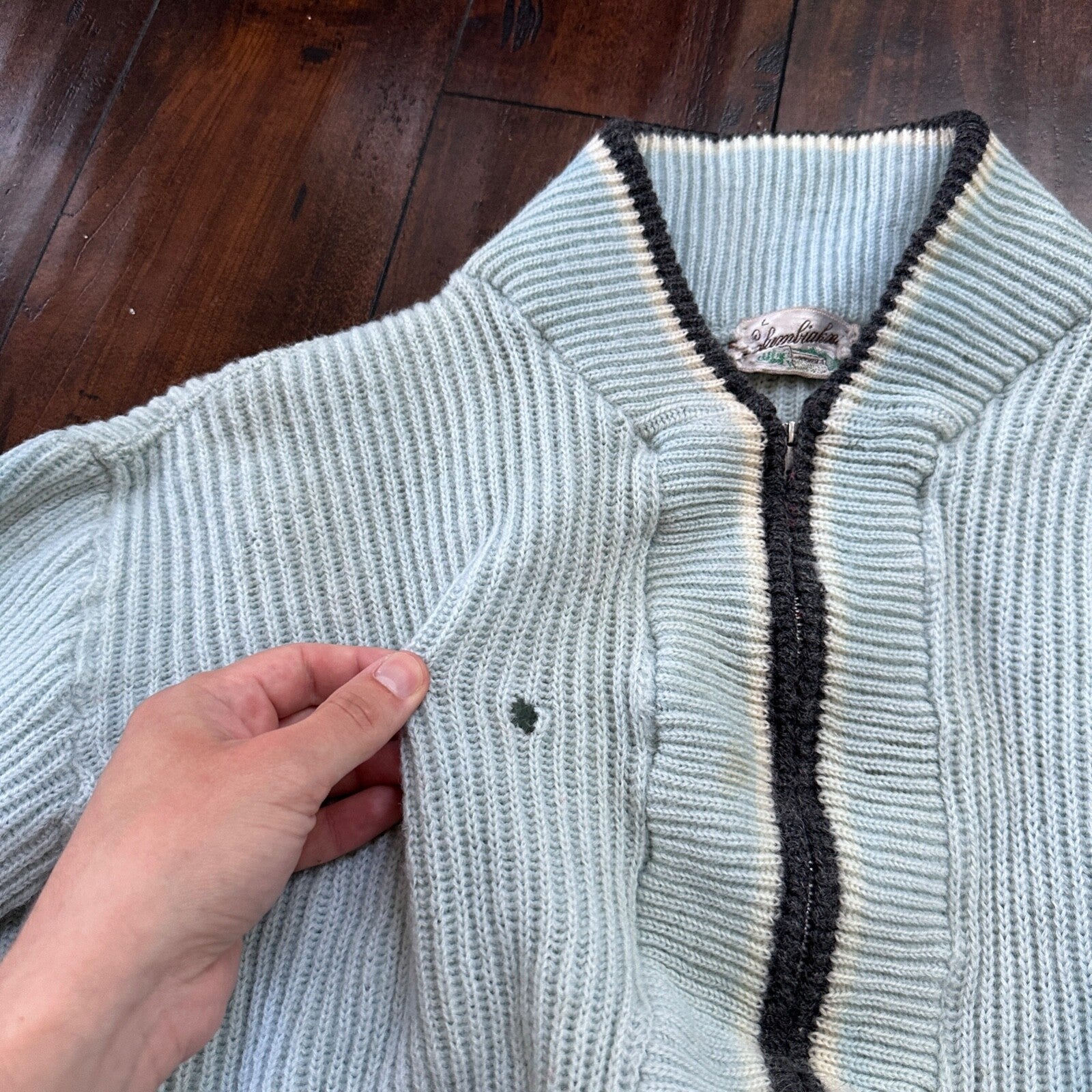 VTG 70s Columbia Knit Rugby Gear Sweater Zip Up Blue Color Block Made In USA