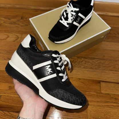 Size 7 Michael Kors Mabel Sneakers Coated MK Canvas Trainer Black MK Logo
