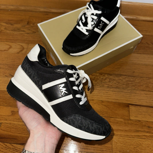 Size 7 Michael Kors Mabel Sneakers Coated MK Canvas Trainer Black MK Logo