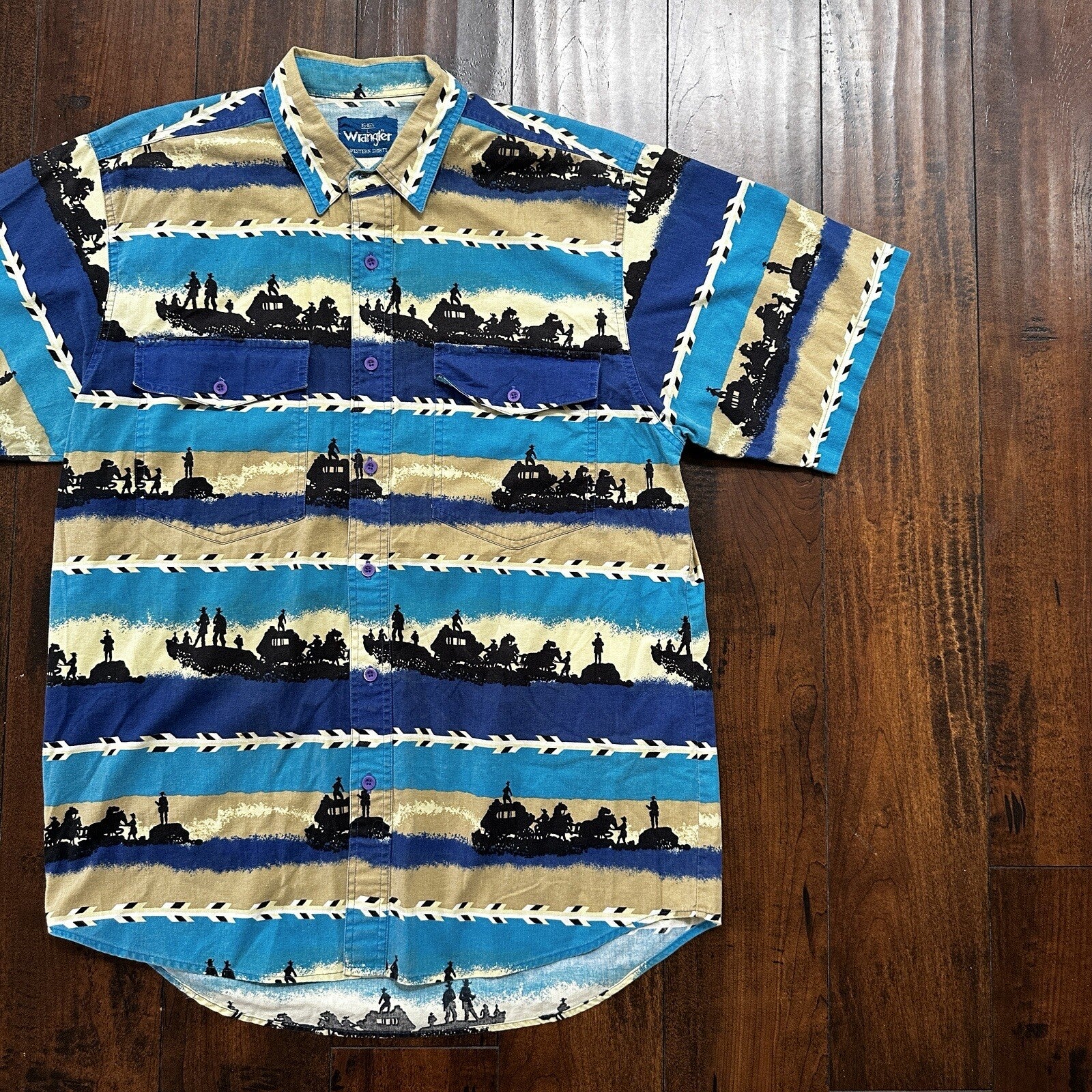 Wrangler VTG Aztec All Over Print Cowboy Cut Button Up Shirt Mens 16.5 USA