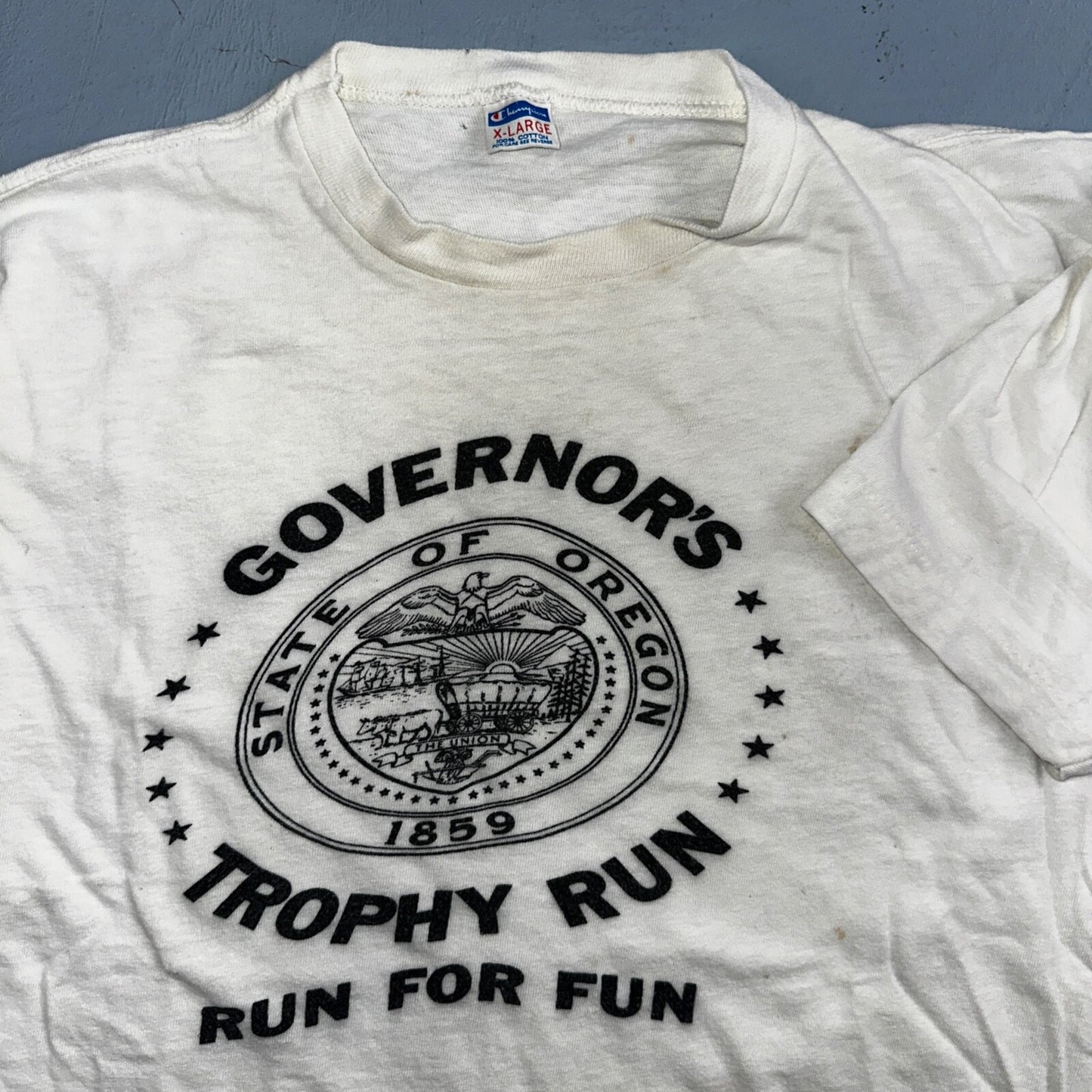 Oregon Champion XL Governors Trophy Run VTG T Shirt 1980s Blue Bar Single Stitch