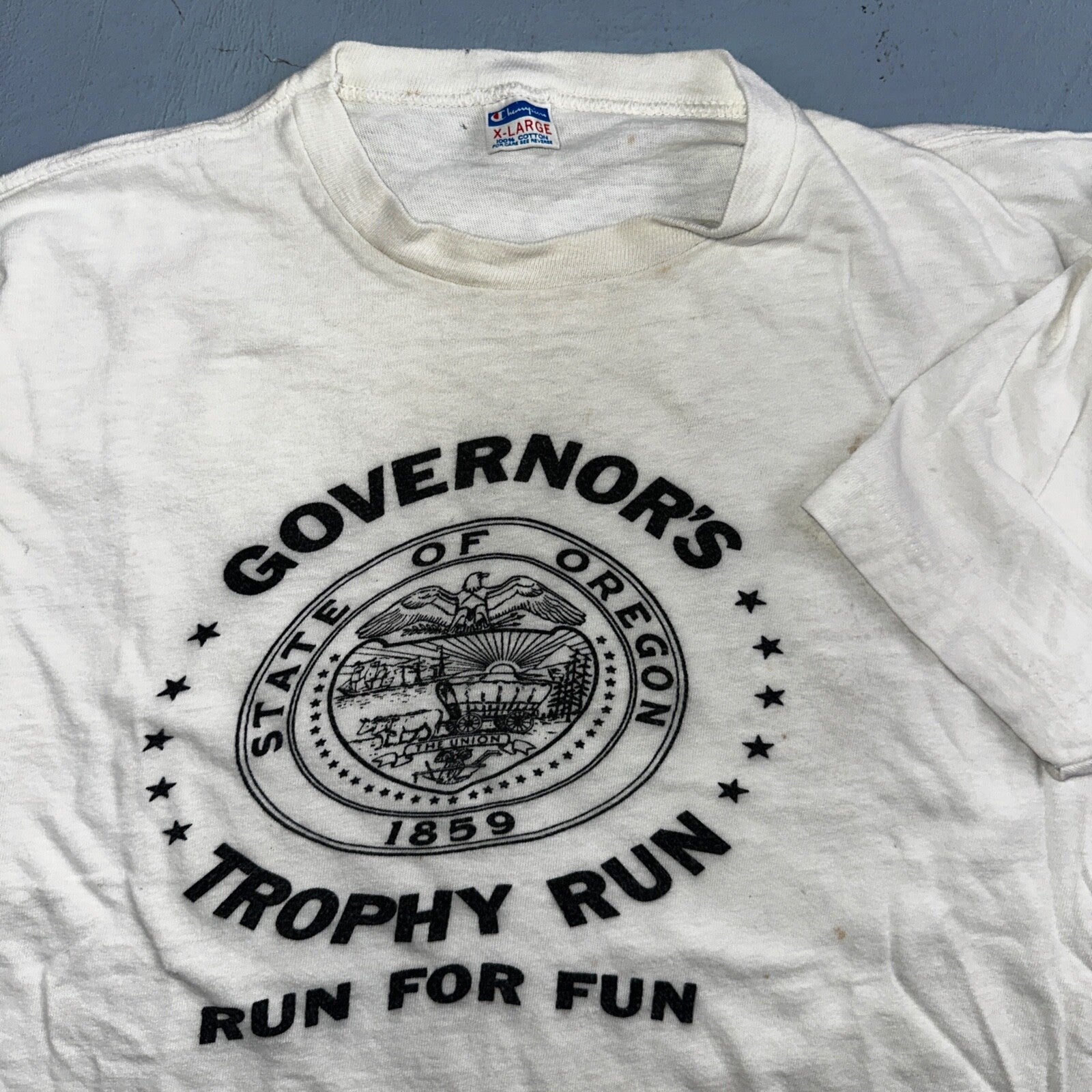 Oregon Champion XL Governors Trophy Run VTG T Shirt 1980s Blue Bar Single Stitch