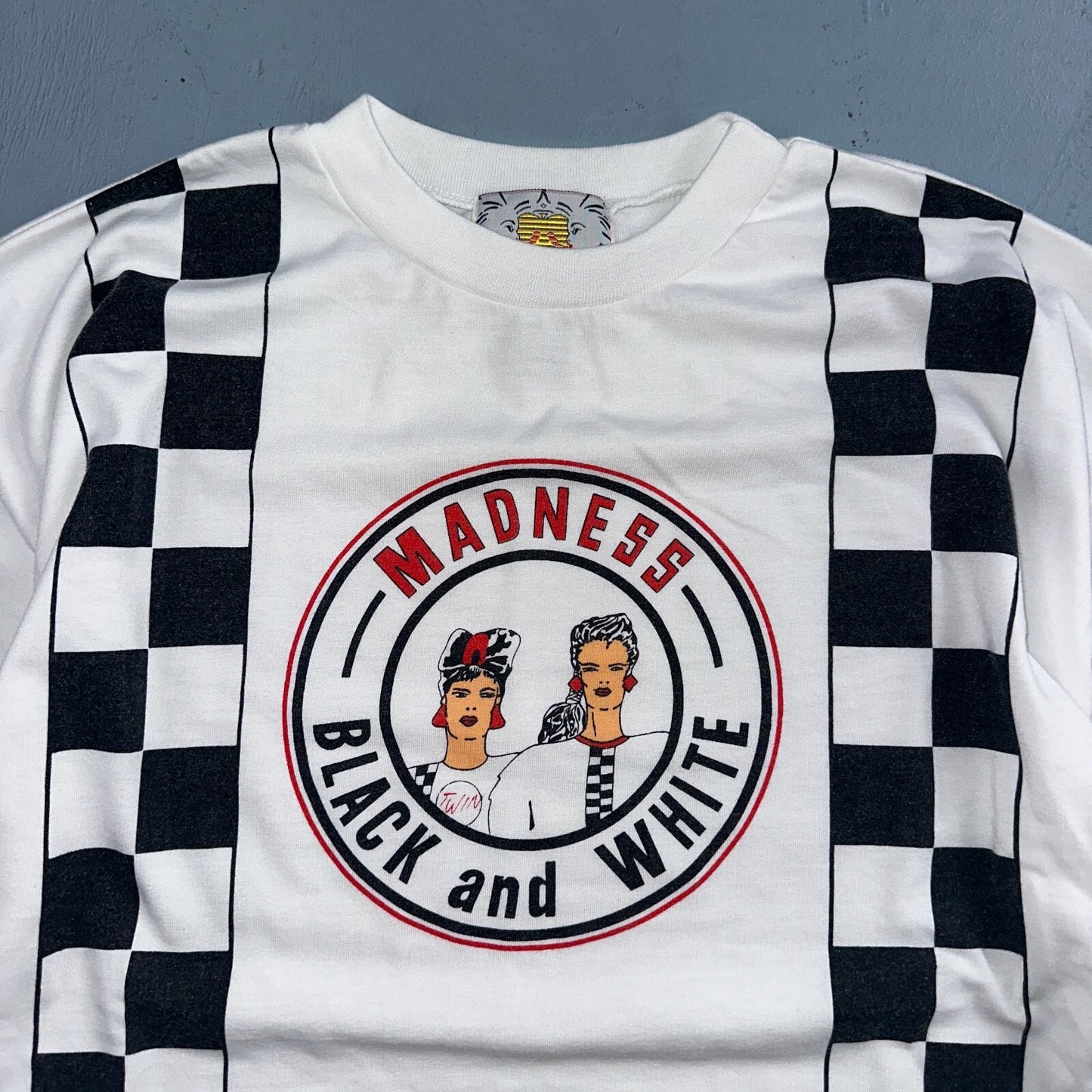 Madness Hot Girls VTG T Shirt Twin Medium 90s Black White Checkerboard Drama Art