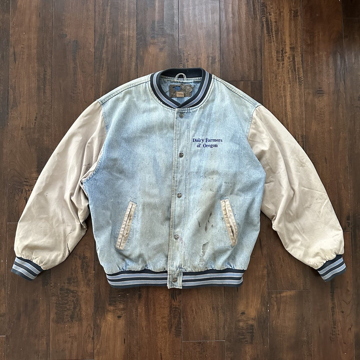 Vintage Oregon 90s Denim Varsity Jacket Bomber Salem Auto NASCAR Racing Thrashed