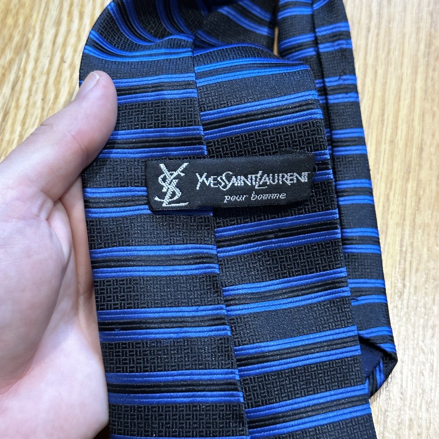 Vintage YSL Yves Saint Laurent Silk Geometric Floral Blue Striped Men's Neck Tie