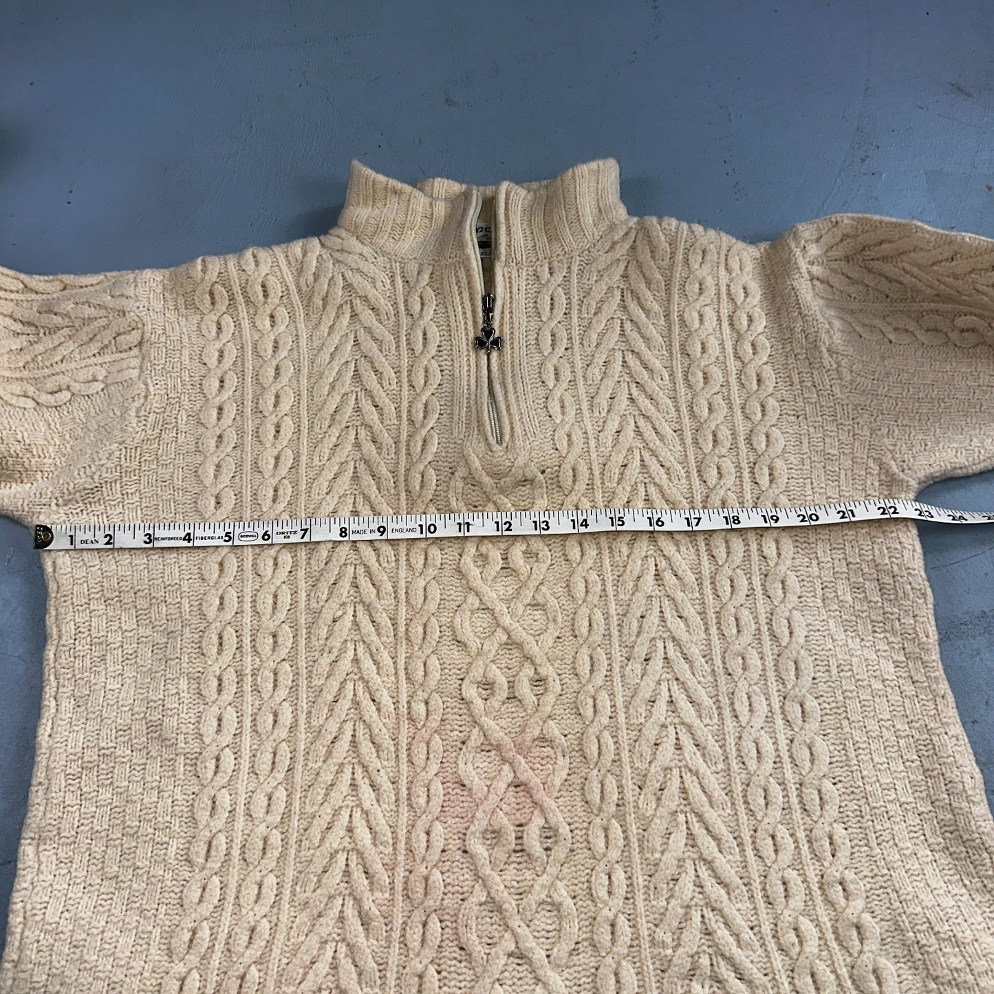 Aran Crafts Ireland Ivory Merino Wool Cable Knit Fisherman Sweater XL 1/4 VTG