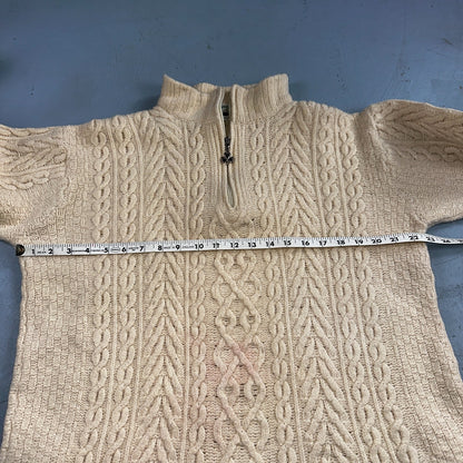 Aran Crafts Ireland Ivory Merino Wool Cable Knit Fisherman Sweater XL 1/4 VTG