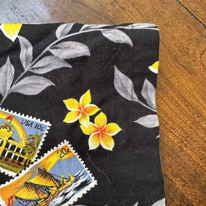 Vintage 80s Blue Hawaii Button Up Shirt Mens XL Ukulele Palms Hawaiian Stamps