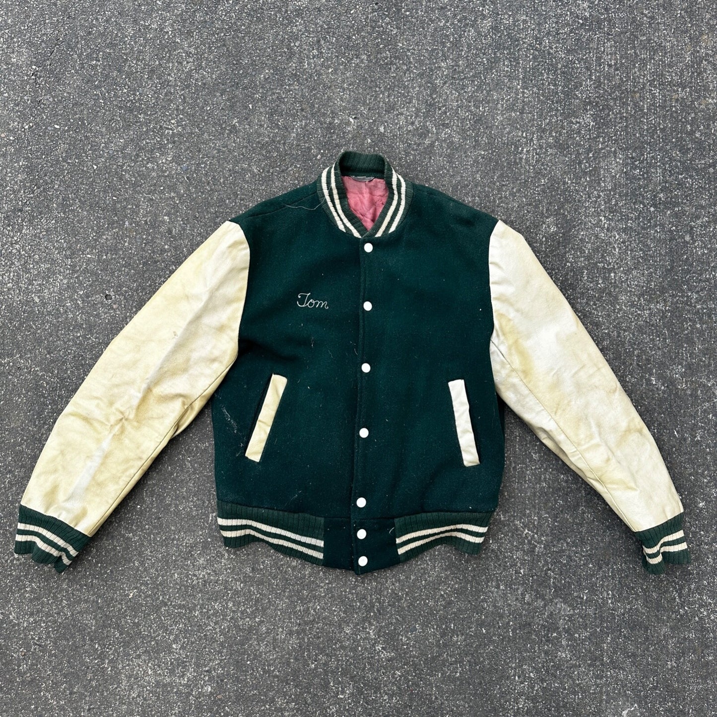 Vintage Letterman Jacket Green White Leather Wool TOM Named Simple Basic 1960s