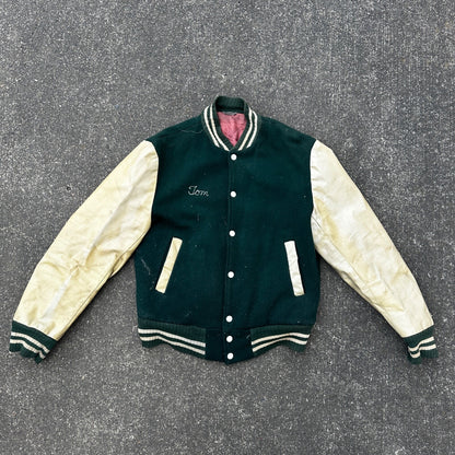 Vintage Letterman Jacket Green White Leather Wool TOM Named Simple Basic 1960s