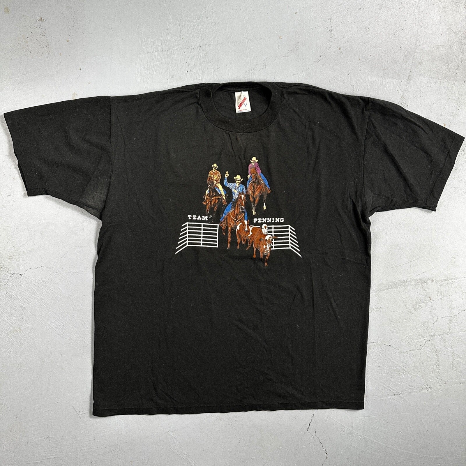 Horses Cowboy VTG T Shirt Team Penning Cows Farm America Jerzees XL Black USA