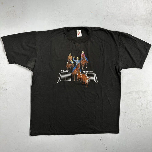 Horses Cowboy VTG T Shirt Team Penning Cows Farm America Jerzees XL Black USA
