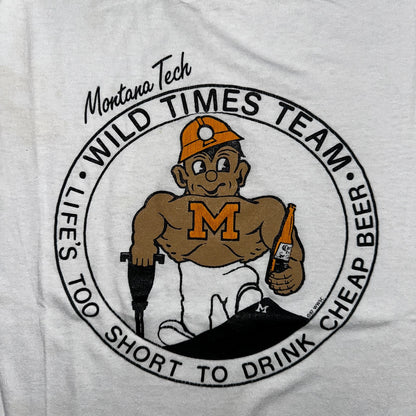 Cheap Beer Montana Tech Wild Times Buff Guy VTG T Shirt 80s Quote Funny Graphic