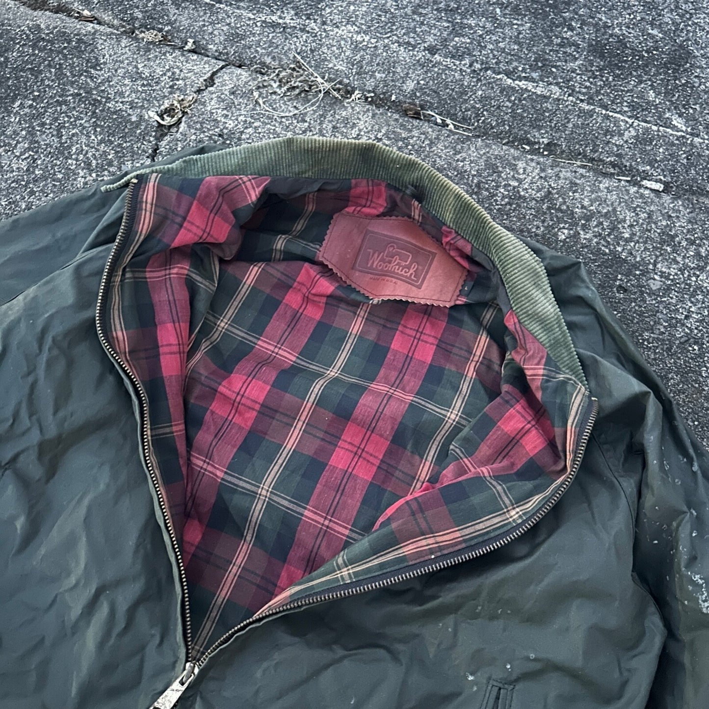 Vintage Woolrich Bomber Jacket Green USA Stained 90s Red Lining USED HEAVY