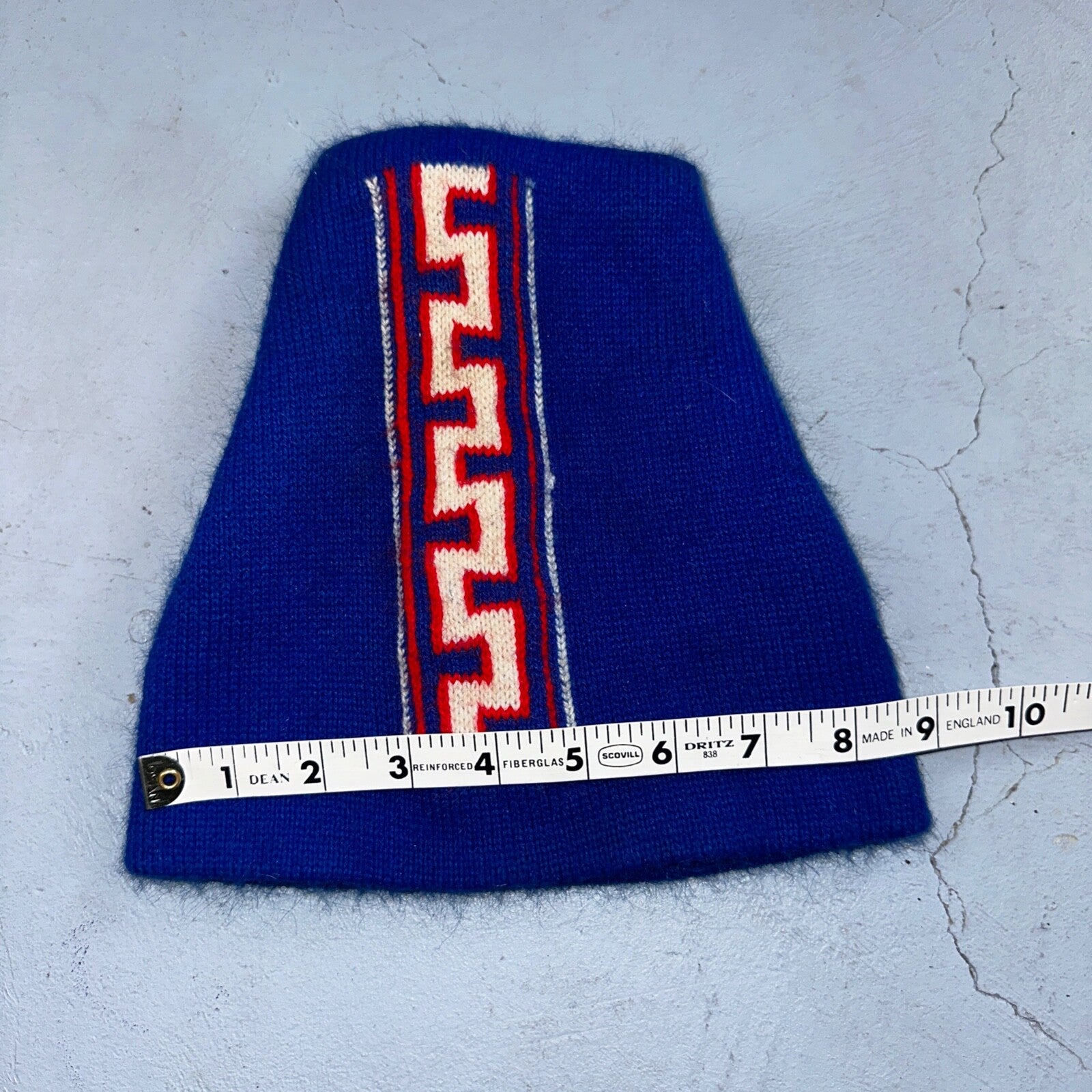 Vintage Geometric Ski Winter Gear Knit Beanie Hat Red & Blue USA 80s S Look