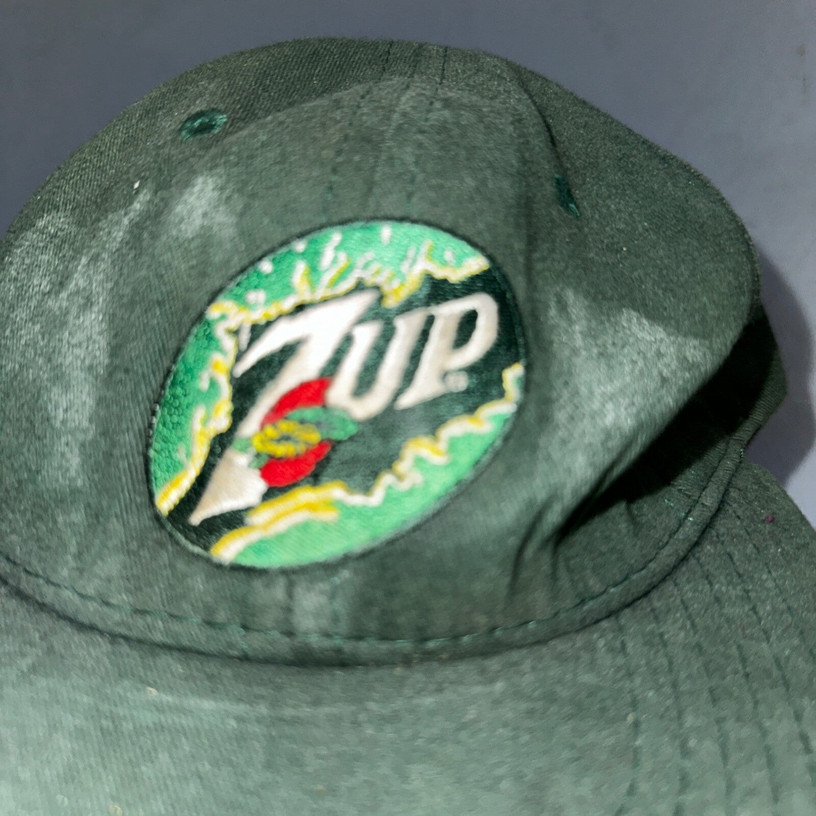 Vintage 7up Hat Made In USA Snap Back Trucker Style Worn Green 90s Heavy Used