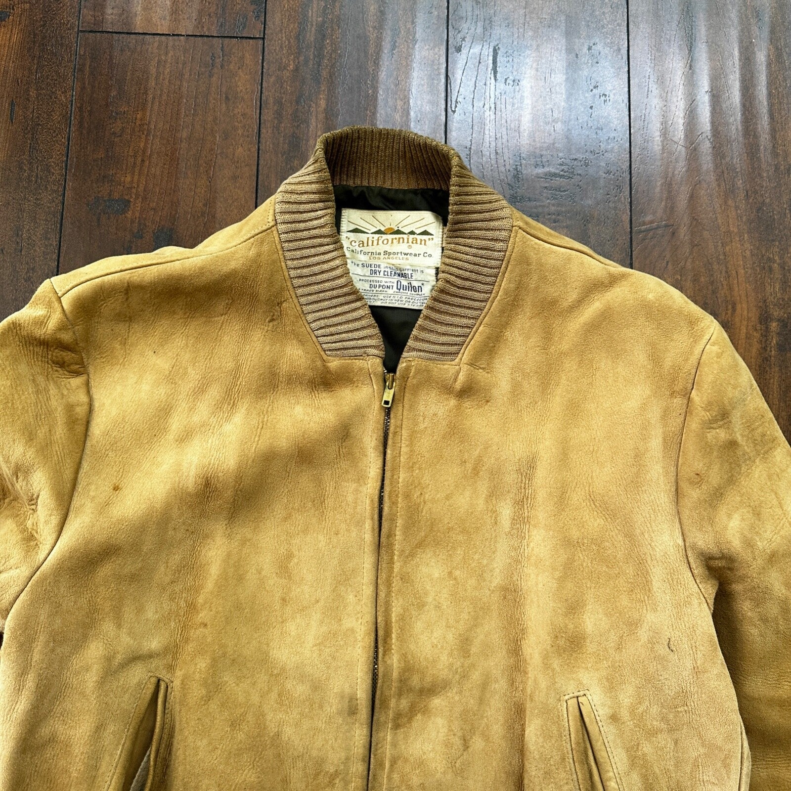 VTG 1950s DuPont Quilon Jacket Tan Suede Leather Lined Bomber 44 Rockabilly