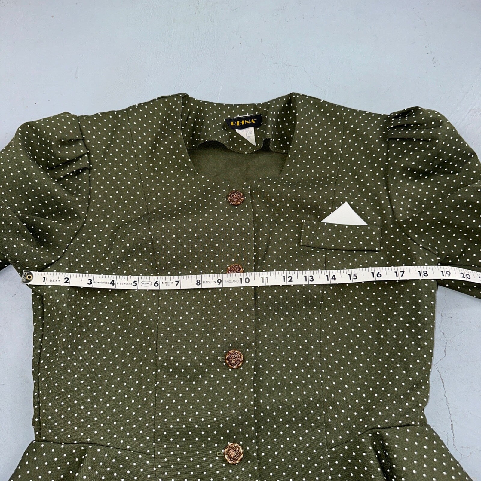 REINA 1970s Women Green Floral Dress Outfit Party Sz 12 VTG 2Pc Set Polka Dot