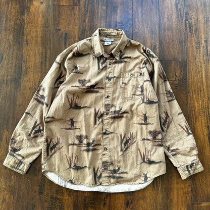 Columbia Mens River Lodge Deer Print Shirt L Brown Buck Hunting Camo