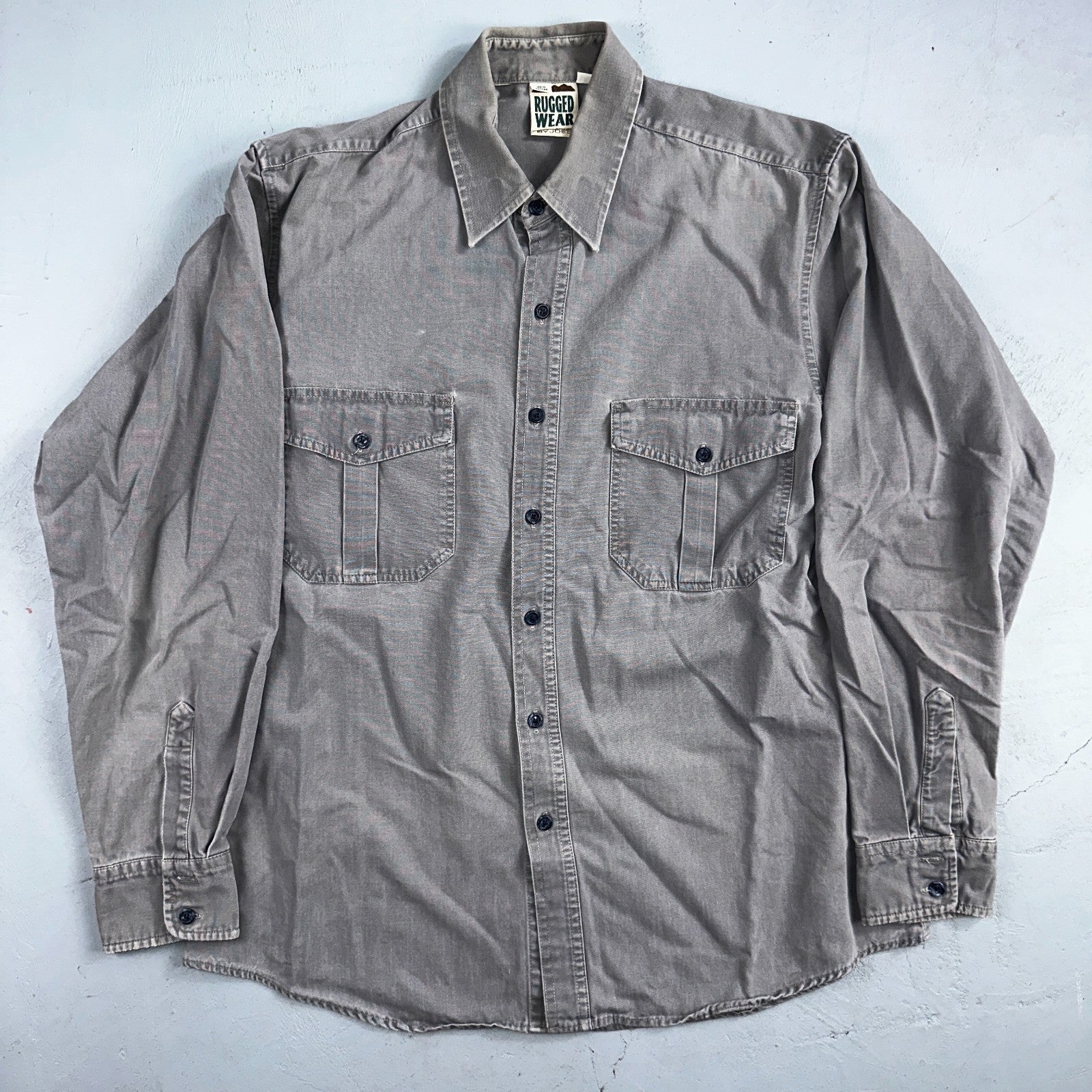 Rugged Wear Joes Jeans Shirt Gray Large Button Up Pockets Workwear Cotton VTG