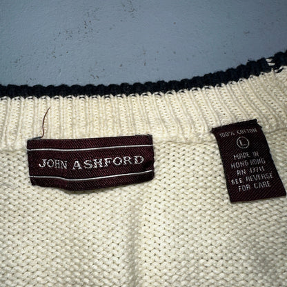 VTG John Ashford Pure 100% Cotton Cardigan Sweater Size Large Ivory White