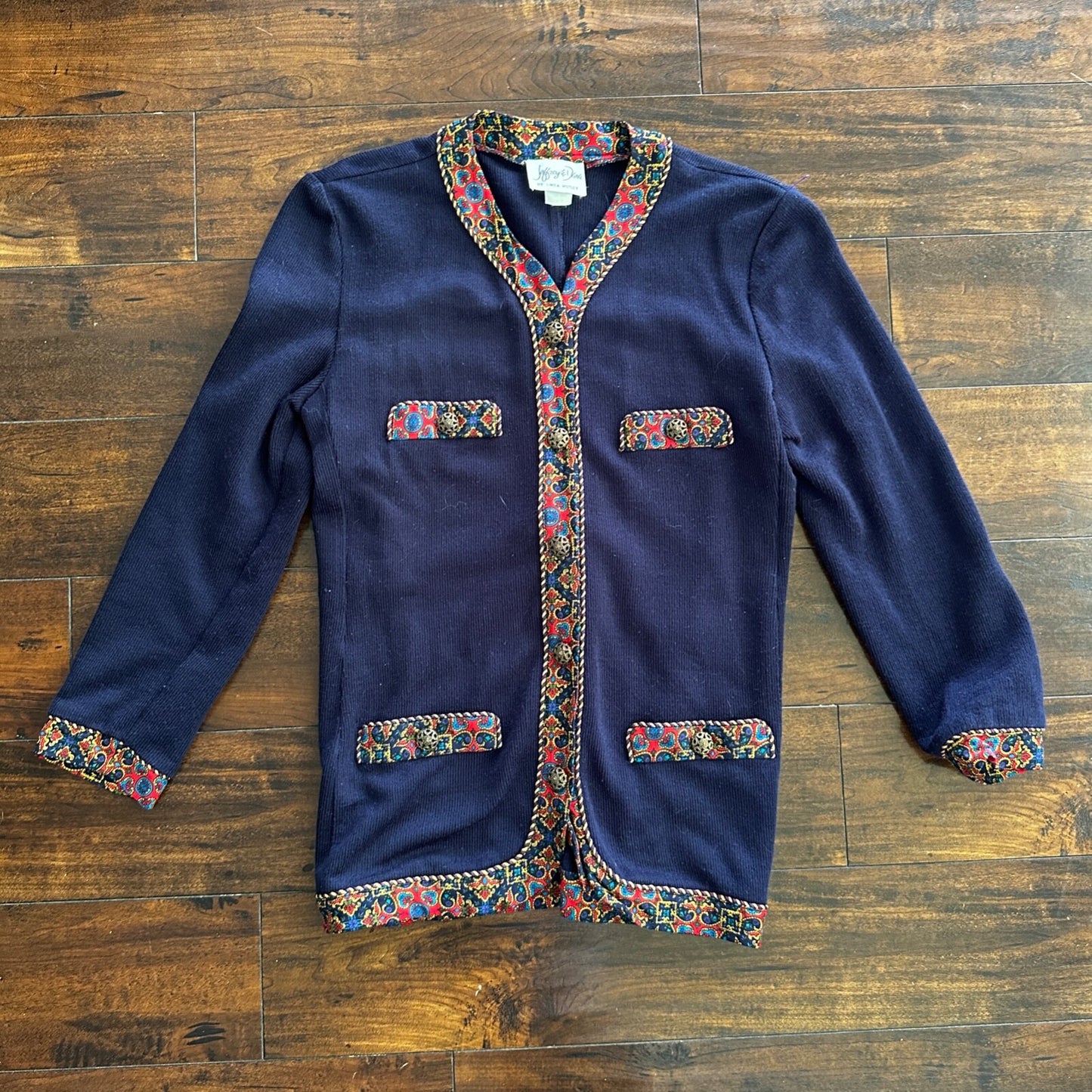 Jeffrey and Dara by Linda Hutley Knit Blazer Paisley VTG Navy Cardigan 90s