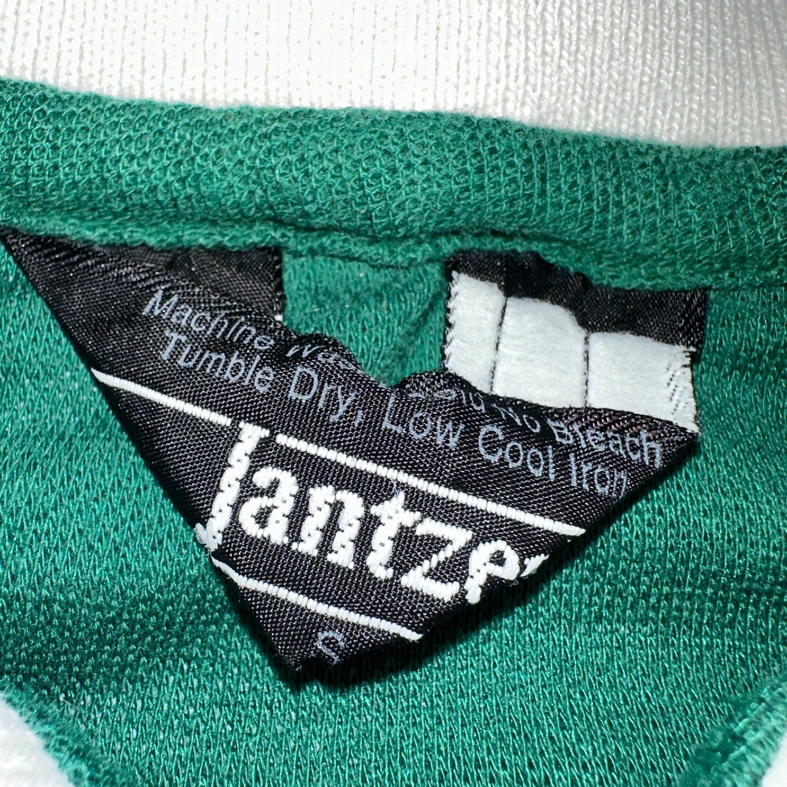 VTG JANTZEN Mens Polo Shirt Striped Collar Small Green White Jersey Cool 80s USA