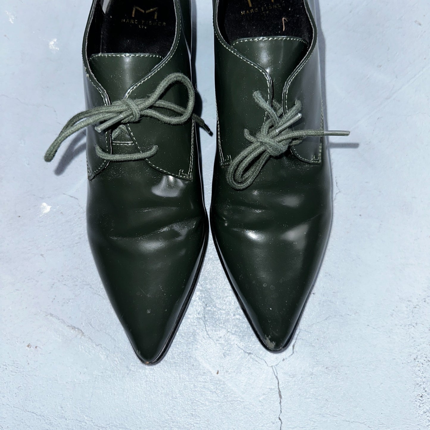 Marc Fisher Women's 10 Green Patent Leather Dress Shoes Boots Heel LACE MLETTA