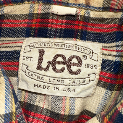 VTG Lee Men's Pearl Snap Extra Long Tails Western Shirt Red Plaid USA Medium 70s