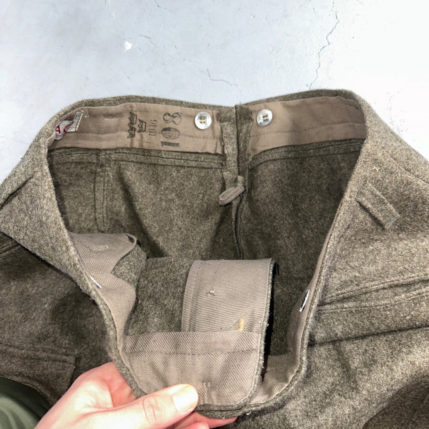 Vintage 1940s Swedish Army Wool Cargo Heavy Pants WWII Leather Straps 35x32