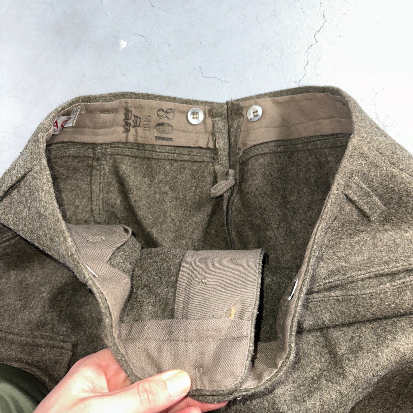 Vintage 1940s Swedish Army Wool Cargo Heavy Pants WWII Leather Straps 35x32