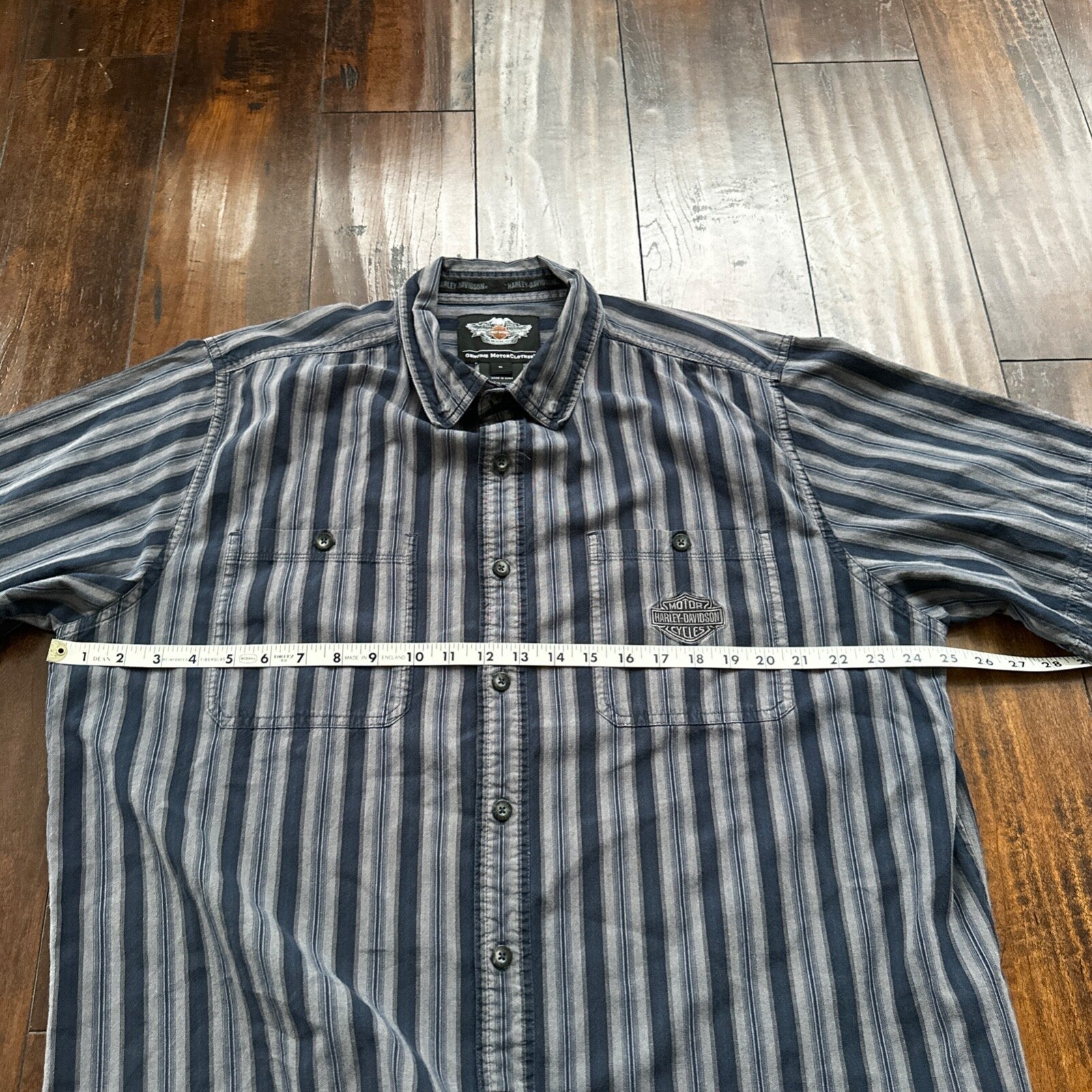Harley Davidson Shirt Button Up XL Short Sleeve VTG Embroidery Striped Blue