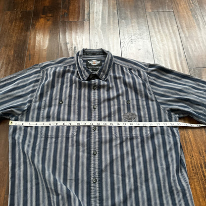 Harley Davidson Shirt Button Up XL Short Sleeve VTG Embroidery Striped Blue